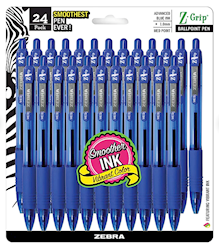 PENS, BALLPOINT, RETRACTABLE, ZEBRA Z-GRIP, MEDIUM POINT, 1.0MM, BLUE INK, 24/CT LARGE